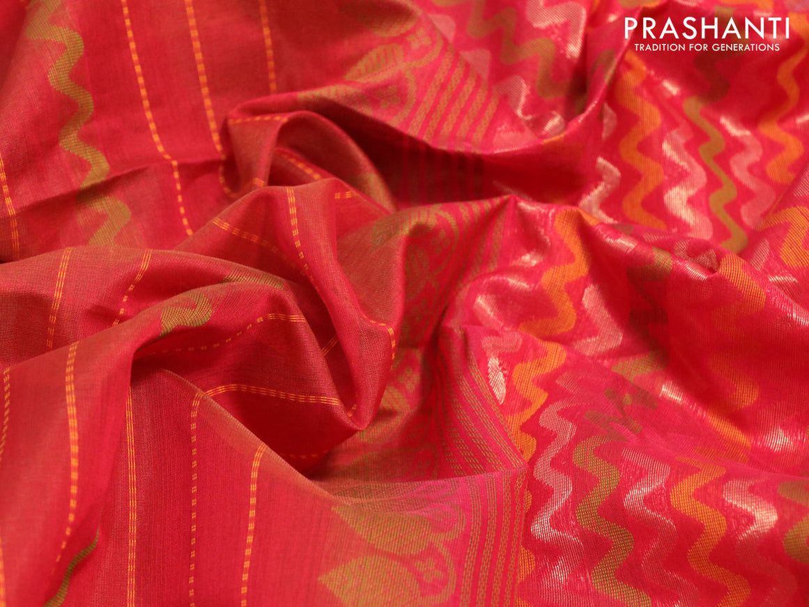 Kora silk cotton saree red shade with allover thread weaves and zari woven piping border