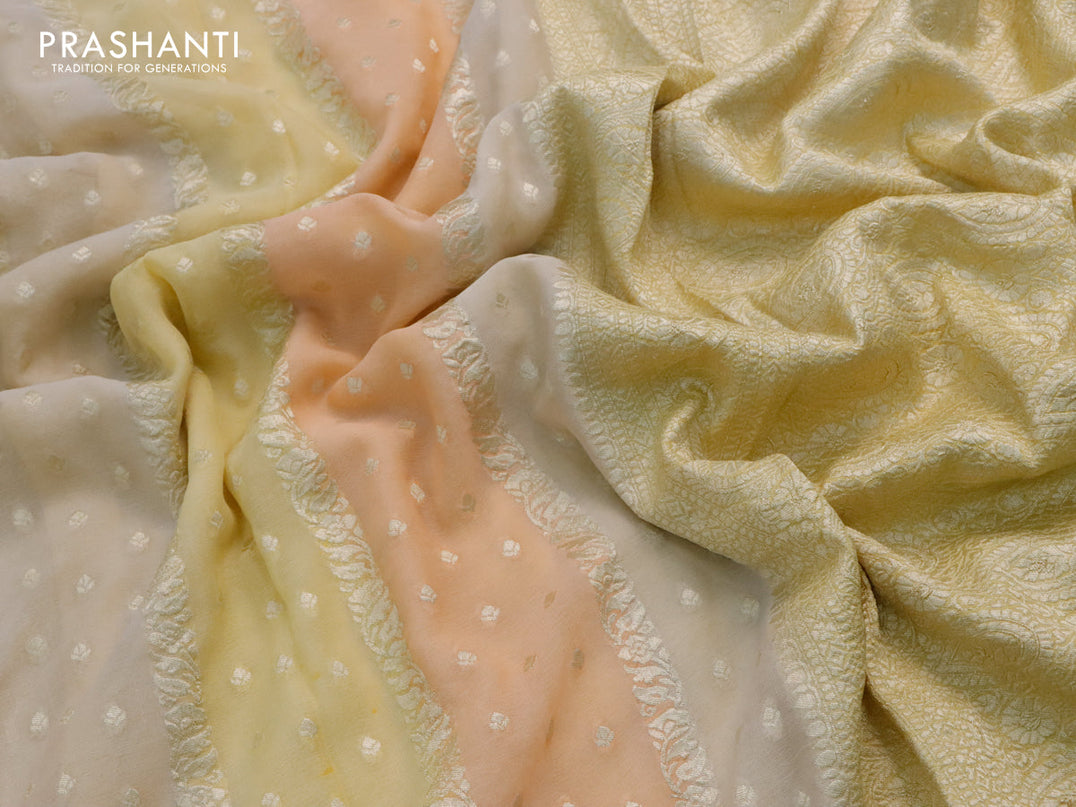 Pure banarasi georgette silk saree multi colour and pale yellow with allover zari weaves and zari woven border