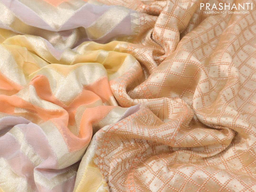 Pure banarasi georgette silk saree multi colour and peach orange with allover zari woven zig zag weaves and zari woven border