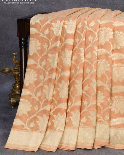 Pure banarasi georgette silk saree sandal with allover zari woven floral weaves and zari woven border