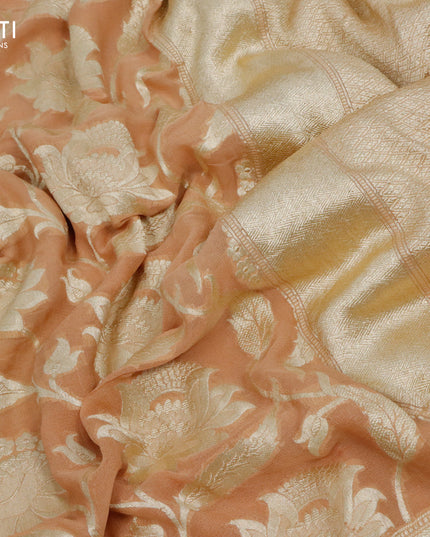 Pure banarasi georgette silk saree sandal with allover zari woven floral weaves and zari woven border