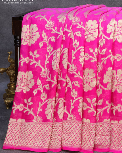 Pure banarasi georgette silk saree rani pink with allover zari woven brocade weaves and woven border
