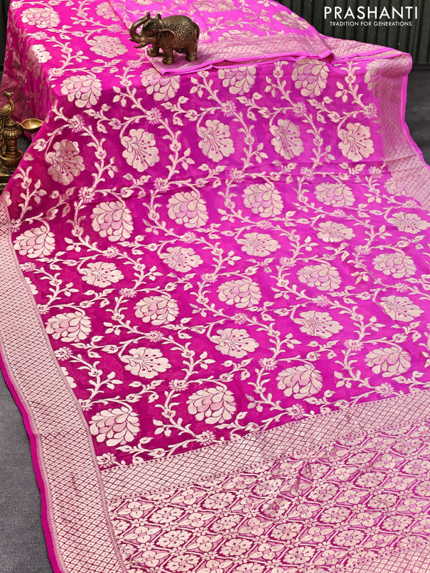 Pure banarasi georgette silk saree rani pink with allover zari woven brocade weaves and woven border