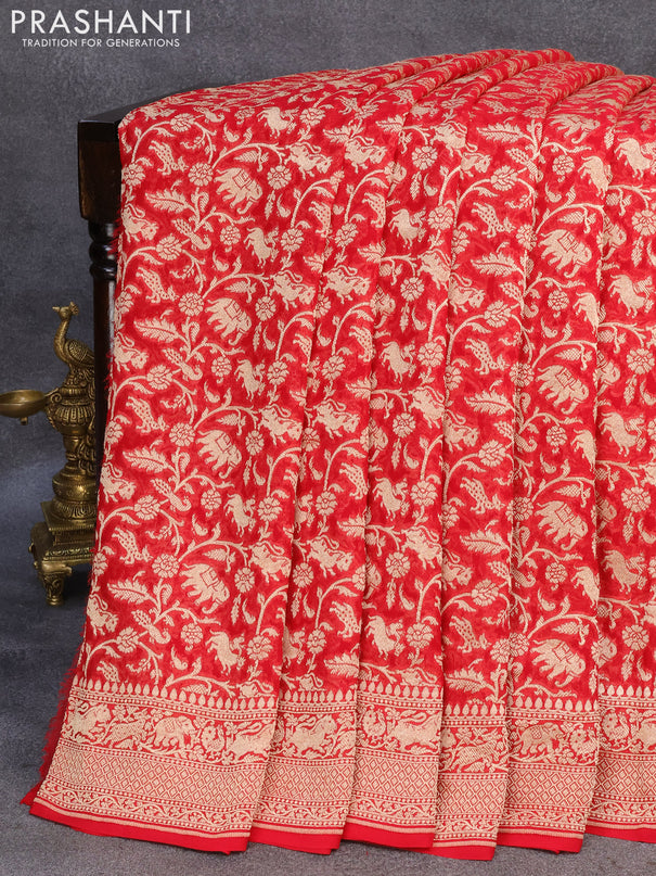 Pure banarasi georgette silk saree red with allover zari woven brocade weaves and woven border