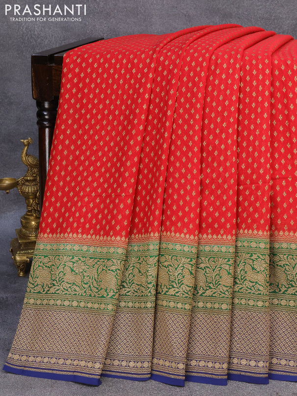Pure banarasi georgette silk saree red and green blue with allover thread & zari woven butta weaves and long woven border