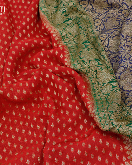 Pure banarasi georgette silk saree red and green blue with allover thread & zari woven butta weaves and long woven border