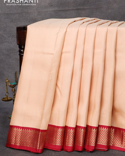 10 yards silk saree cream and maroon with plain body and zari woven border without blouse