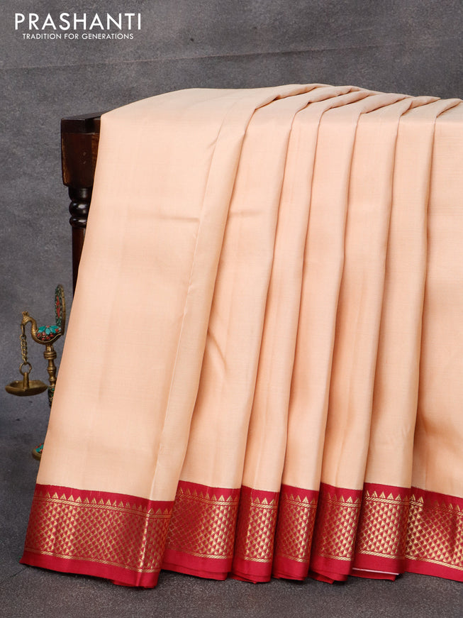 10 yards silk saree cream and maroon with plain body and zari woven border without blouse