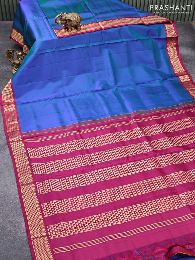 10 yards silk saree dual shade of bluish green and maroon with plain body and zari woven border without blouse