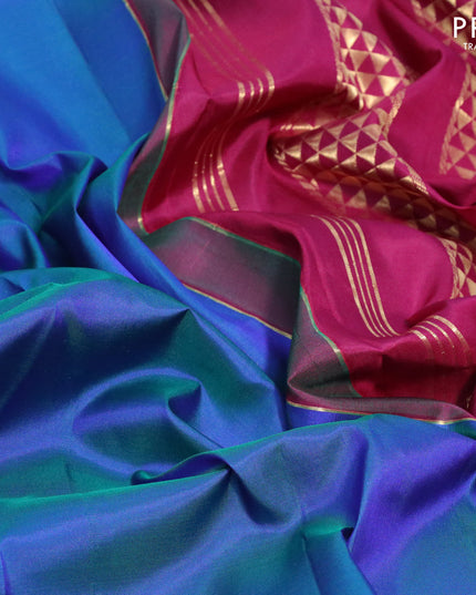10 yards silk saree dual shade of bluish green and maroon with plain body and zari woven border without blouse