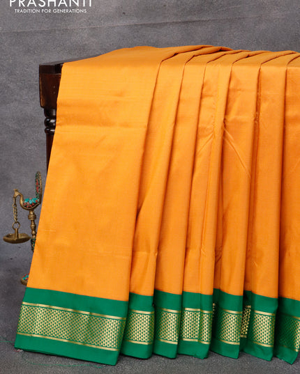 10 yards silk saree mustard yellow and green with plain body and zari woven border without blouse