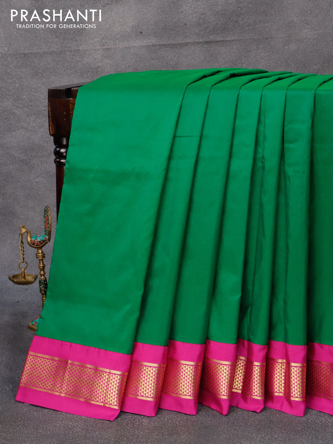 10 yards silk saree green and purple with plain body and zari woven border without blouse