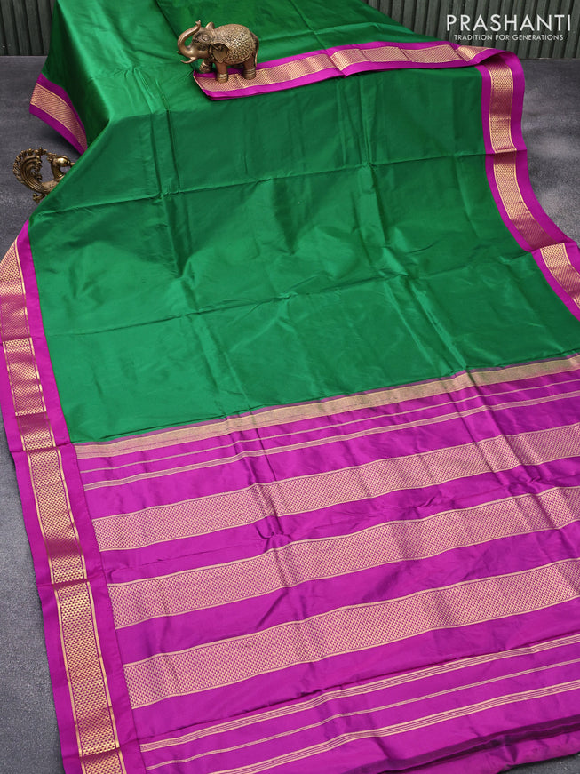 10 yards silk saree green and purple with plain body and zari woven border without blouse