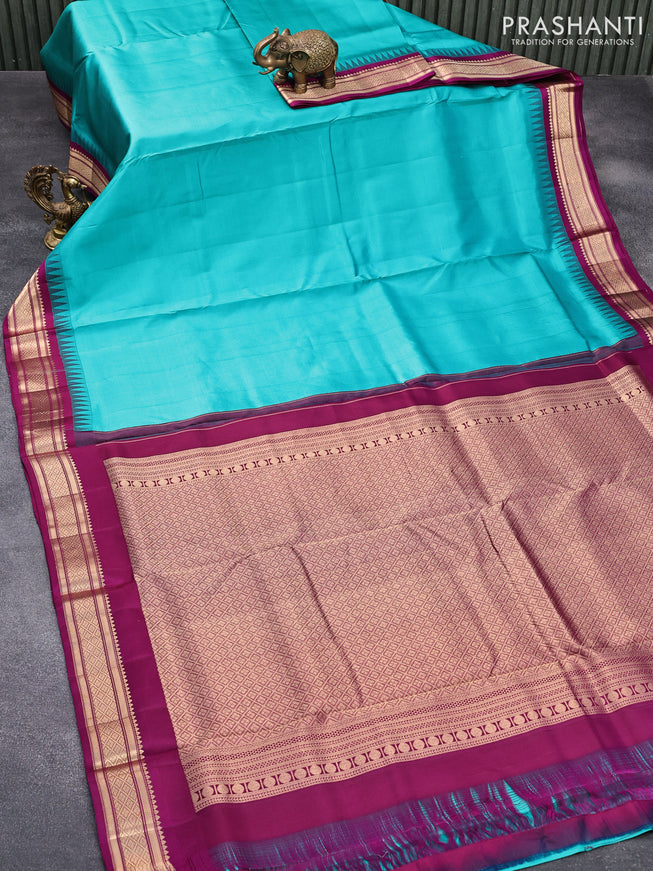 10 yards silk saree teal blue and purple with plain body and zari woven border without blouse