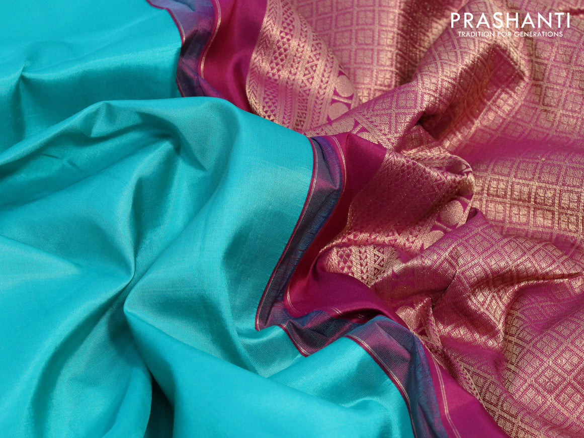 10 yards silk saree teal blue and purple with plain body and zari woven border without blouse