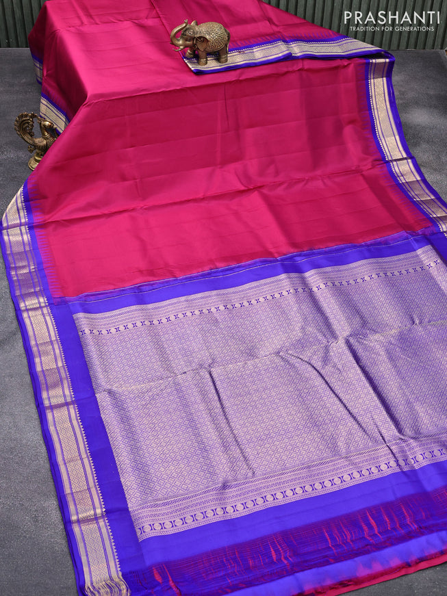 10 yards silk saree magenta pink and royal blue with plain body and zari woven border without blouse