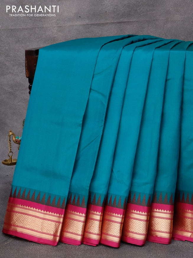 10 yards silk saree peacock green and purple with plain body and zari woven border without blouse