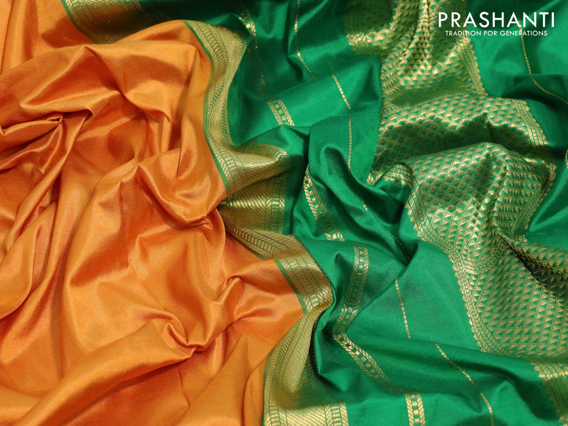 10 yards silk saree mustard yellow and green with plain body and zari woven border without blouse