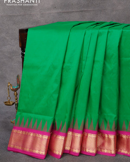 10 yards silk saree green and purple with plain body and temple design zari woven border without blouse