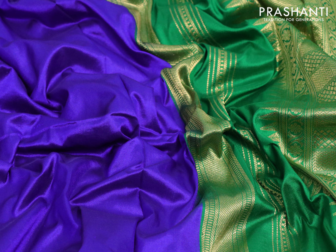 10 yards silk saree blue and green with plain body and zari woven border without blouse