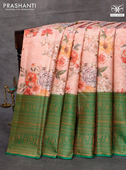 Pure kanjivaram silk saree pastel pink and green with allover floral digital prints & copper zari weaves and long zari woven border