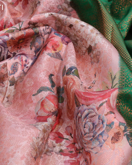 Pure kanjivaram silk saree pastel pink and green with allover floral digital prints & copper zari weaves and long zari woven border
