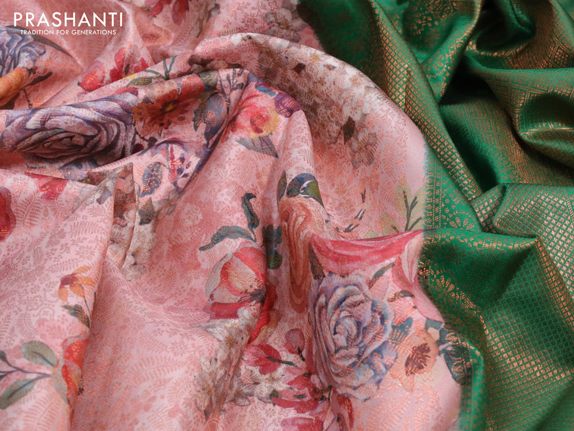 Pure kanjivaram silk saree pastel pink and green with allover floral digital prints & copper zari weaves and long zari woven border