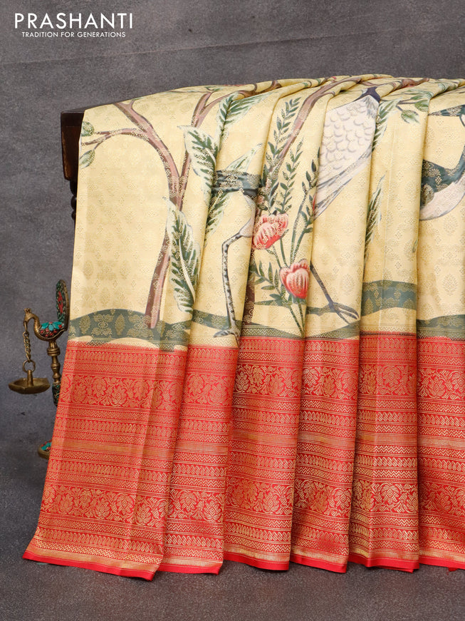 Pure kanjivaram silk saree sandal and red with allover floral digital prints & zari weaves and long zari woven border