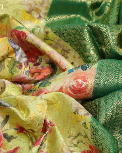 Pure kanjivaram silk saree lime yellow and green with allover floral digital prints & zari weaves and long zari woven border