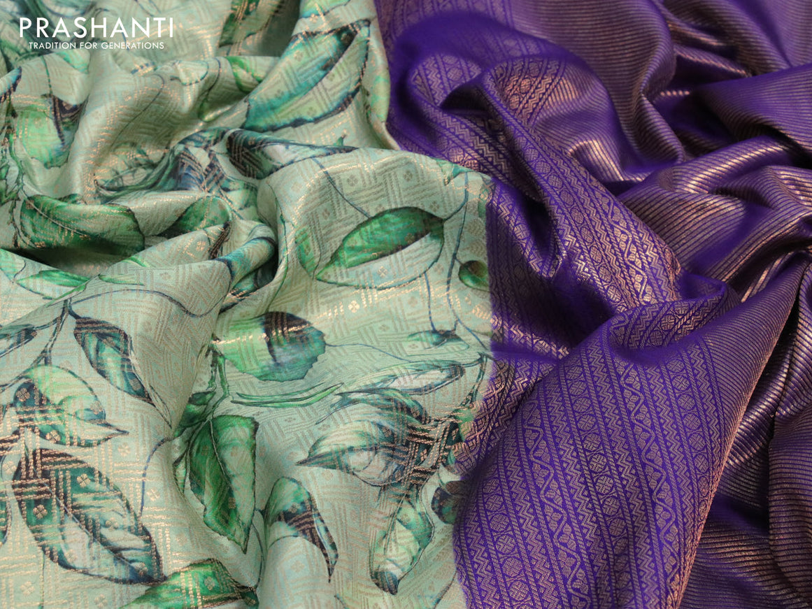 Pure kanjivaram silk saree pastel green and blue with allover digital prints & zari weaves and rudhraksha zari woven border