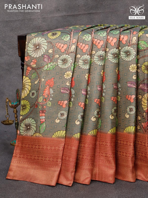 Pure kanjivaram silk saree grey and maroon with allover floral digital prints & zari weaves and long zari woven border