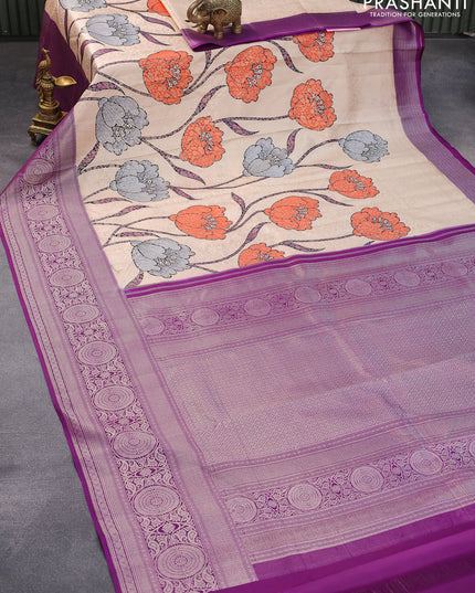Pure kanjivaram silk saree cream and violet with allover floral digital prints & zari weaves and silver zari woven border