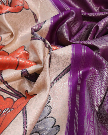 Pure kanjivaram silk saree cream and violet with allover floral digital prints & zari weaves and silver zari woven border