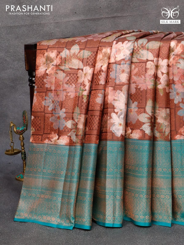 Pure kanjivaram silk saree brown and teal green with allover floral digital prints & zari weaves and long zari woven border