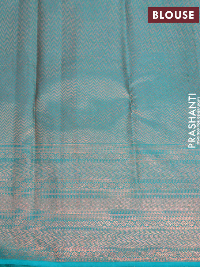 Pure kanjivaram silk saree brown and teal green with allover floral digital prints & zari weaves and long zari woven border