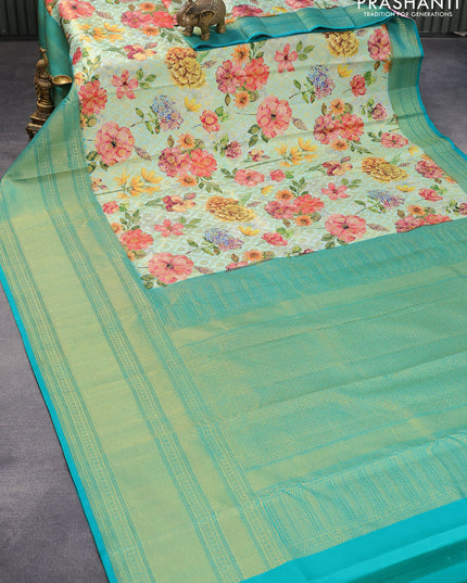 Pure kanjivaram silk saree pastel blue and teal green with allover floral digital prints & zari weaves and long zari woven border