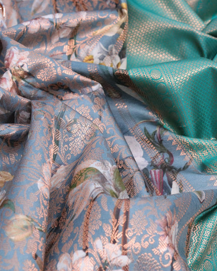 Pure kanjivaram silk saree grey and teal green with allover floral digital prints & zari weaves and long zari woven border