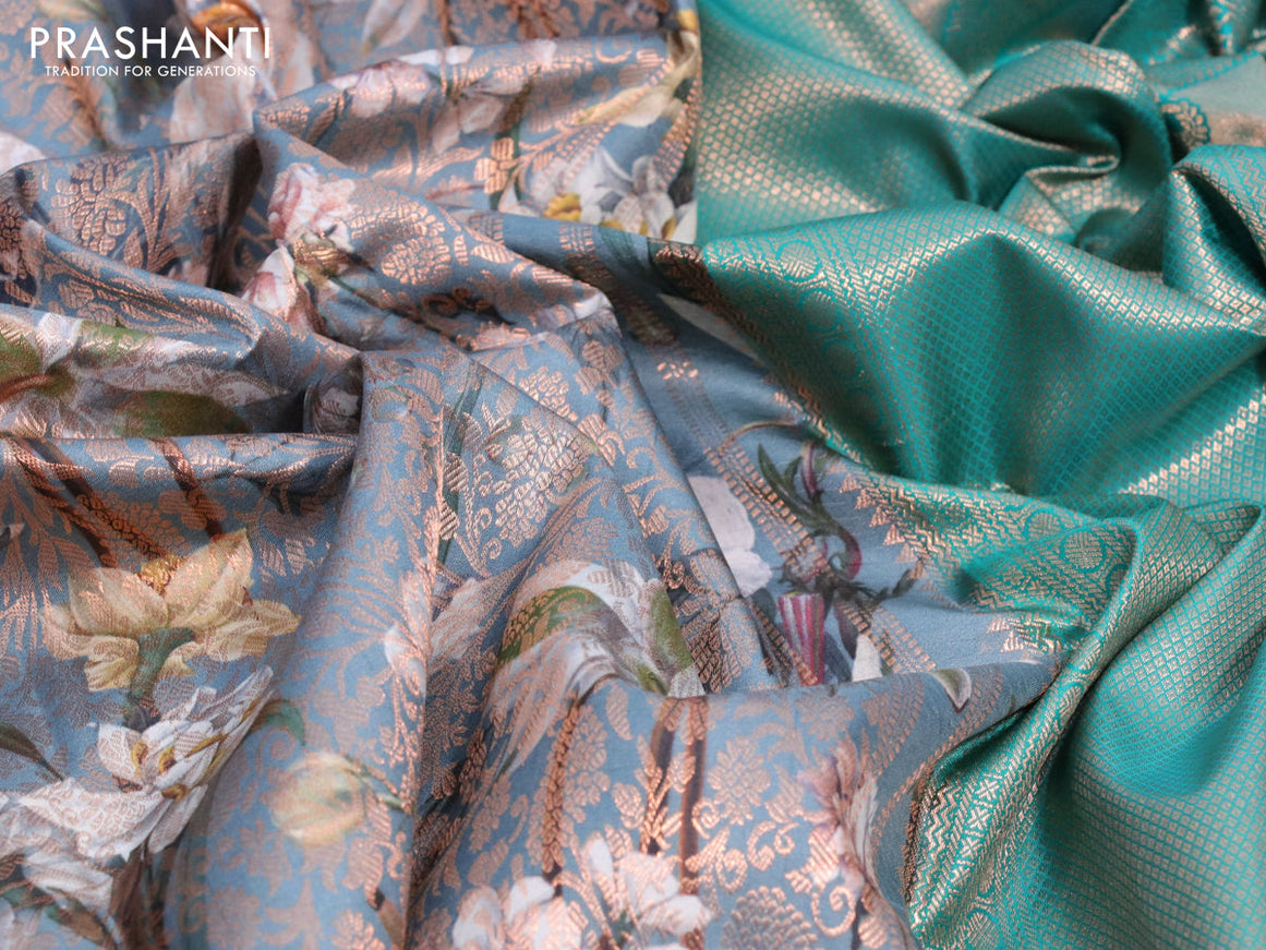 Pure kanjivaram silk saree grey and teal green with allover floral digital prints & zari weaves and long zari woven border