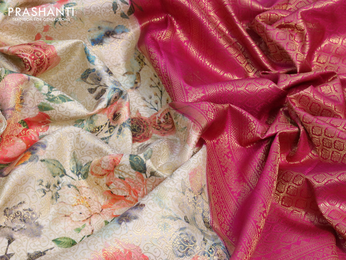 Pure kanjivaram silk saree off white and pink with allover floral digital prints & zari weaves and long zari woven border