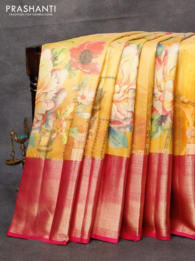Pure kanjivaram silk saree yellow and pink with allover floral digital prints & zari weaves and long zari woven border