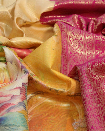 Pure kanjivaram silk saree yellow and pink with allover floral digital prints & zari weaves and long zari woven border