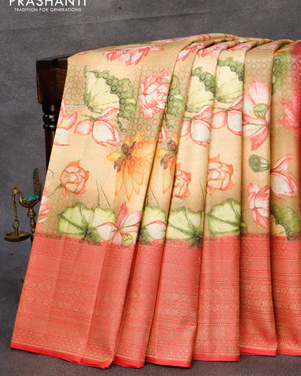 Pure kanjivaram silk saree sandal and red with allover floral digital prints & zari weaves and long zari woven border