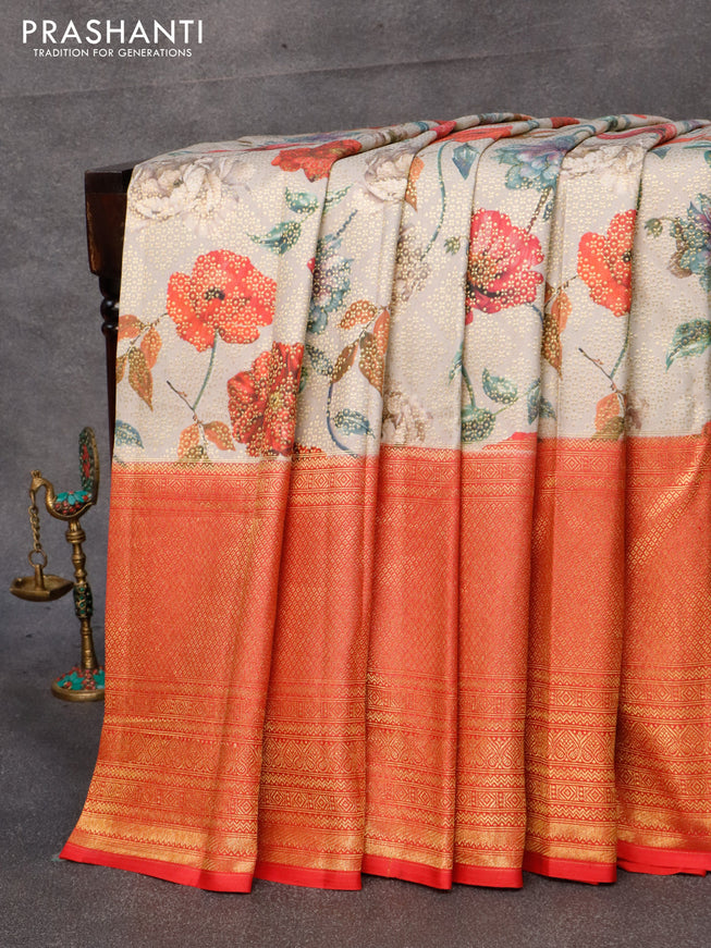 Pure kanjivaram silk saree grey and red with allover floral digital prints & zari weaves and long zari woven border