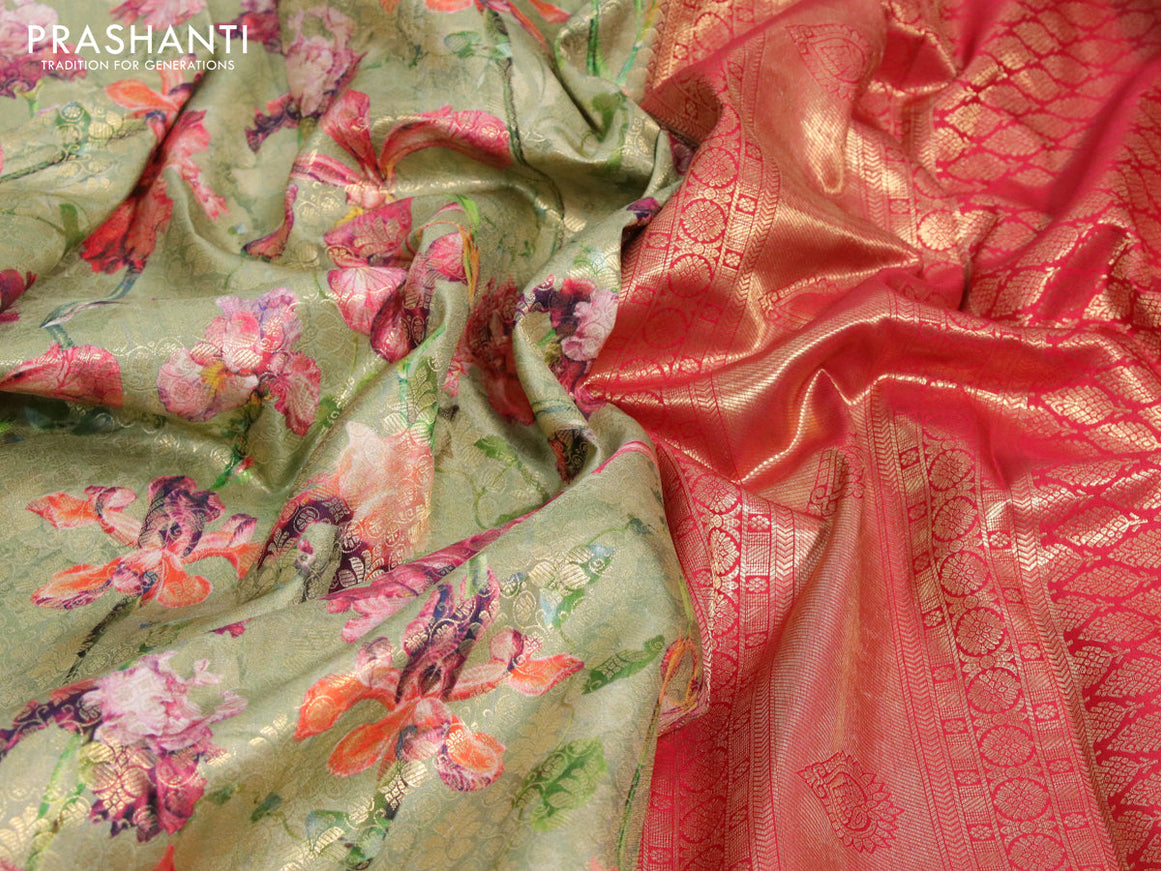 Pure kanjivaram silk saree pastel green and red with allover floral digital prints & zari weaves and long zari woven border