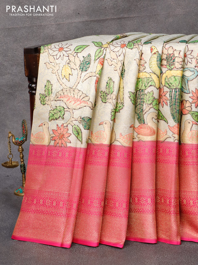 Pure kanjivaram silk saree grey and pink with allover digital prints & zari weaves and long rich zari woven border