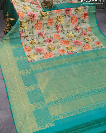 Pure kanjivaram silk saree grey and teal green with allover floral digital prints & zari woven butta weaves and long rich zari woven border