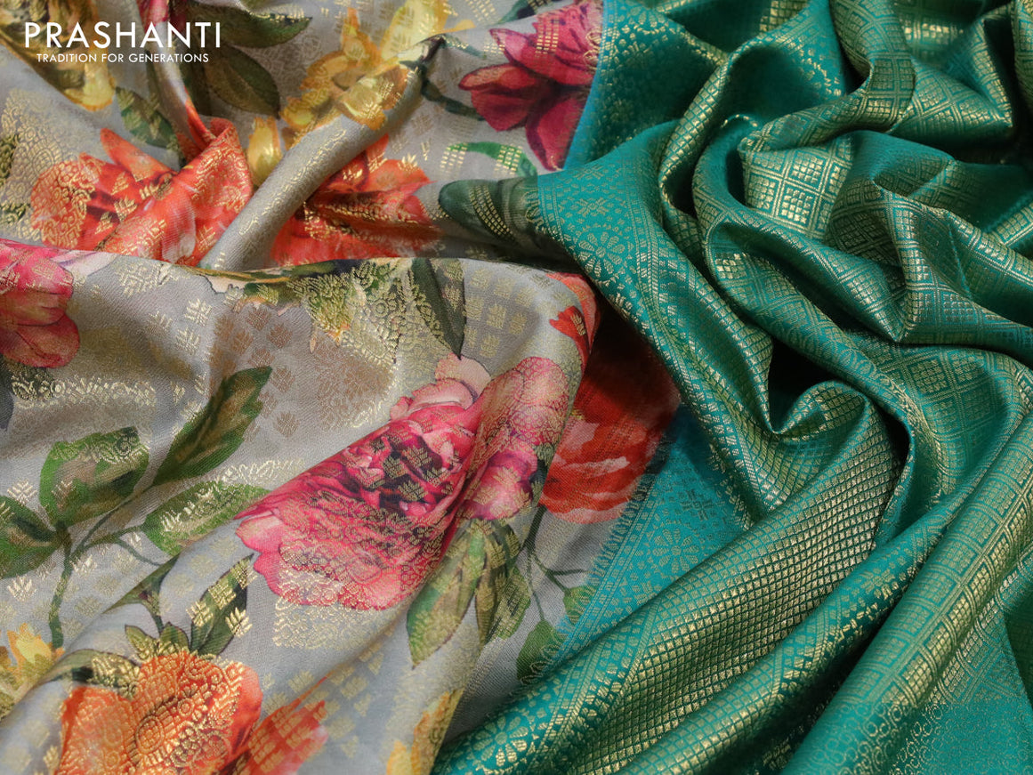 Pure kanjivaram silk saree grey and teal green with allover floral digital prints & zari woven butta weaves and long rich zari woven border