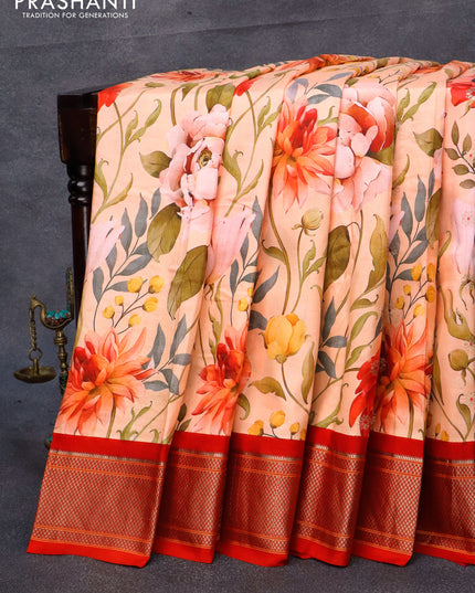 Pure kanjivaram silk saree peach orange and red with allover floral digital prints & zari buttas and zari woven border