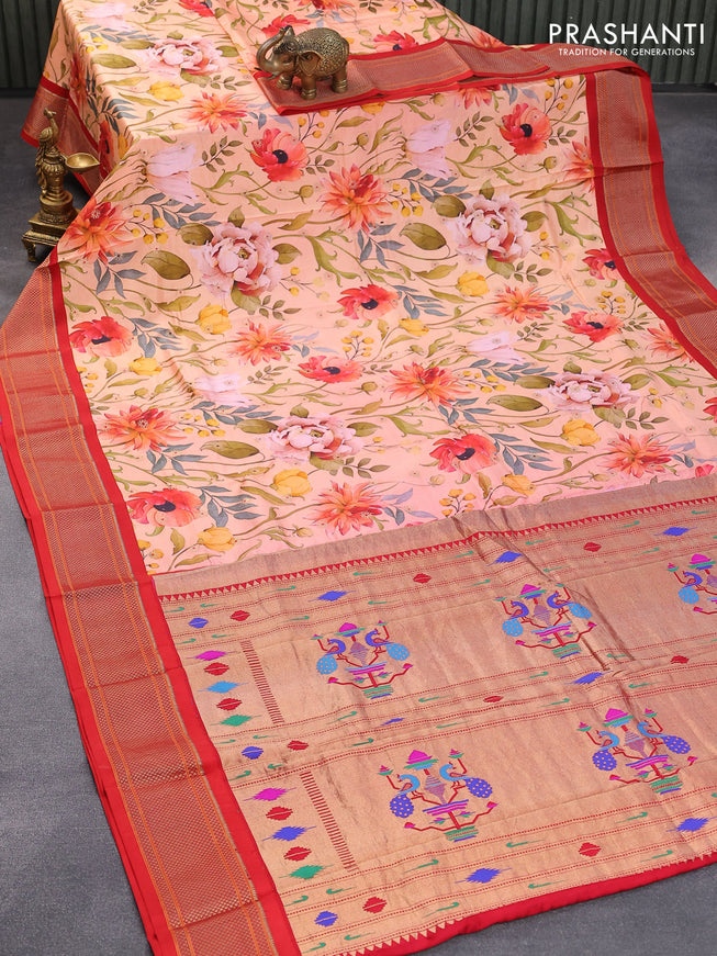 Pure kanjivaram silk saree peach orange and red with allover floral digital prints & zari buttas and zari woven border