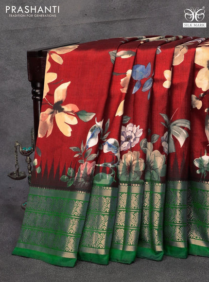 Pure kanjivaram silk saree maroon and green with allover floral digital prints and annam zari woven border
